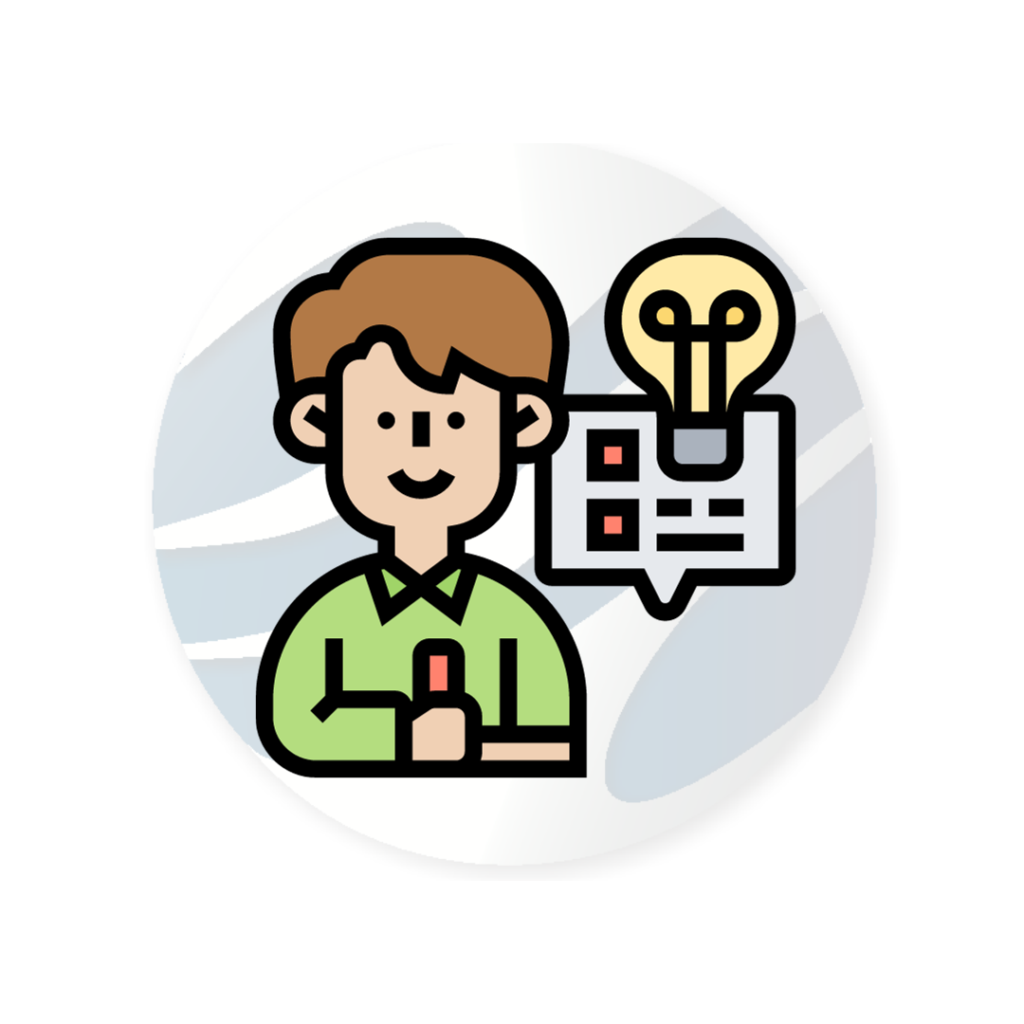 Postać rysunkowa chłopca z żarówką i tablicą, w tle logo Szkoły Języków Obcych Omnibus